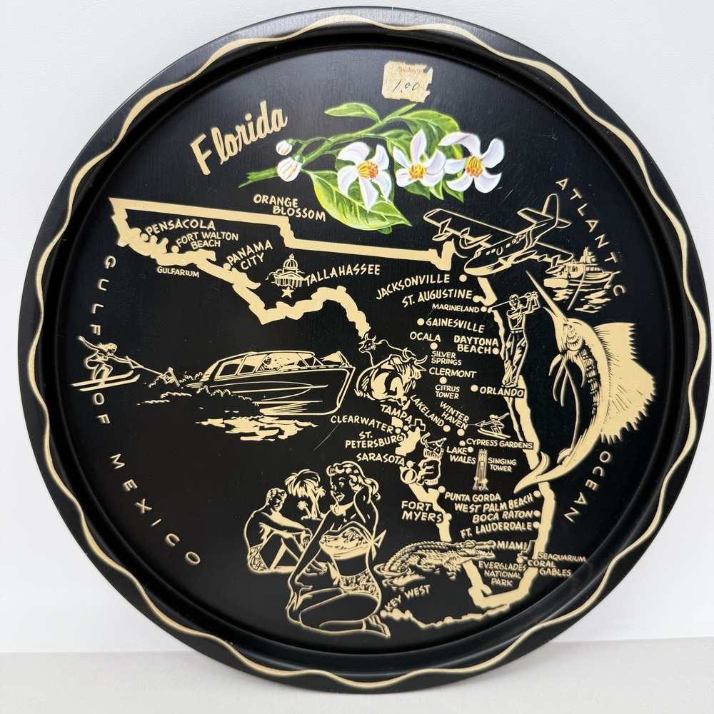 Vintage Florida State Tray MCM Kitschy Barware Graphic Souvenir Decor Platter
